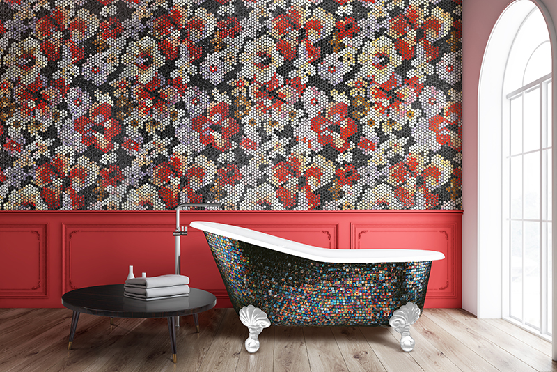 Interior of minimalistic bathroom with red and white walls, wooden floor, arched window and white bathtub with wooden chair with towels next to it. 3d rendering
