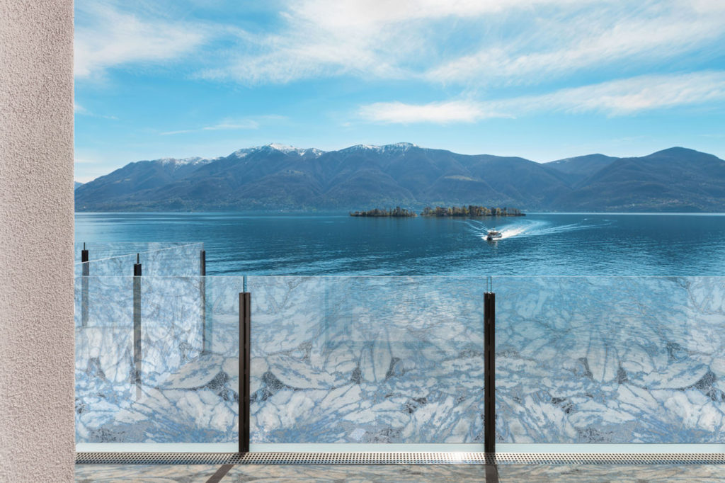 modern architecture, beautiful lake view from the terrace of a penthouse