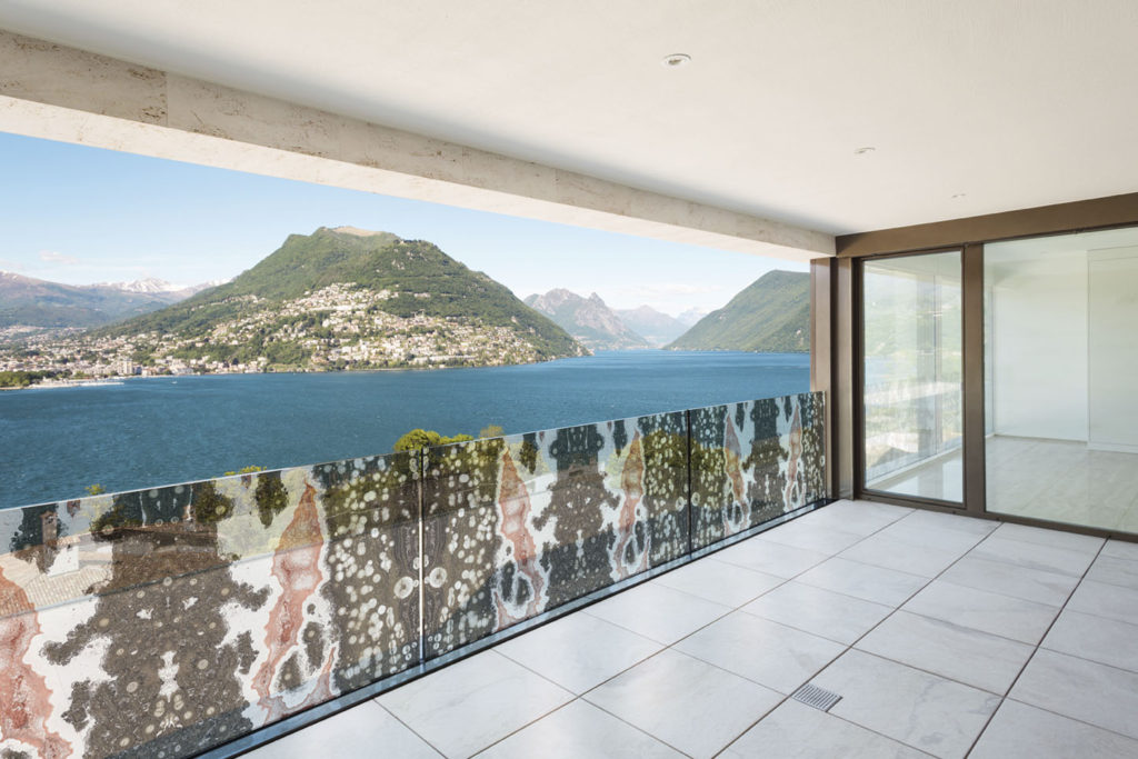beautiful terrace in a modern penthouse, lake view